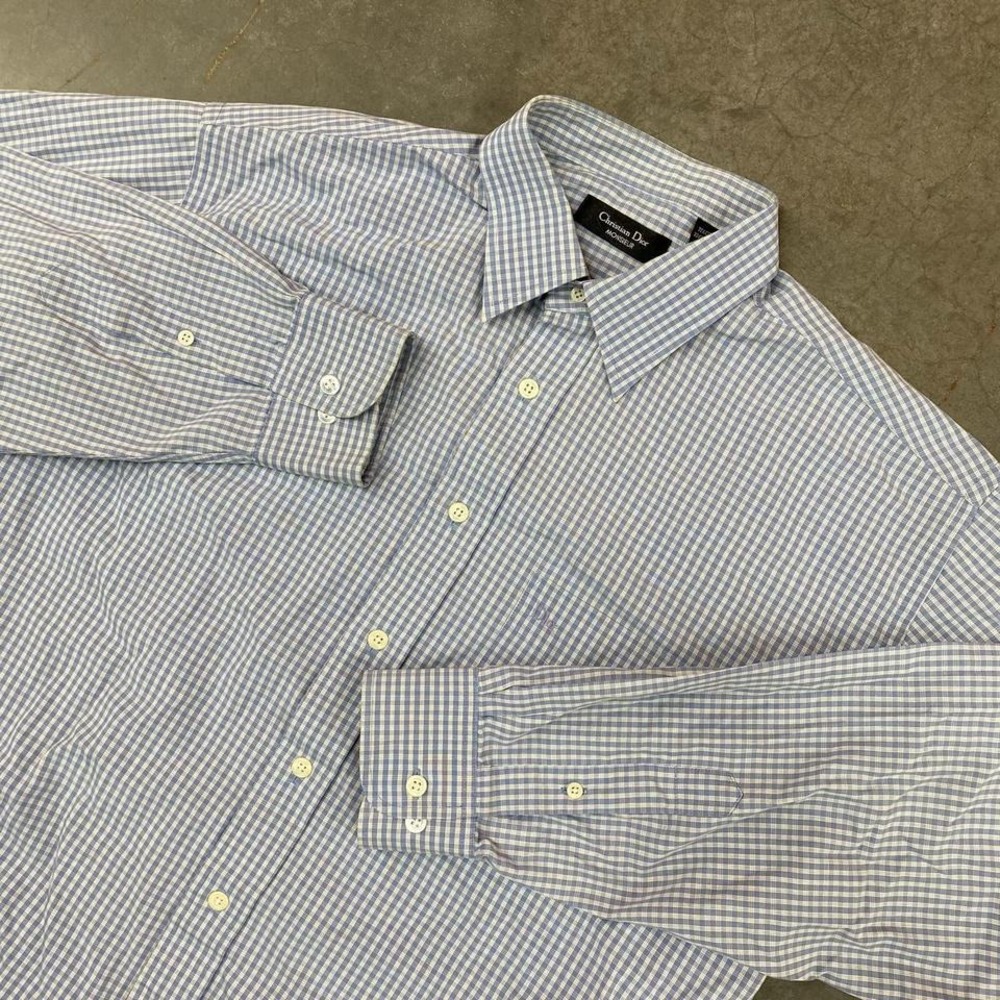 Christian Dior Monsieur Check‎ Button Up Shirt Blue Mens Size 16/41 L